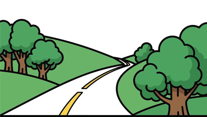 A winding road through a green landscape with trees on both sides