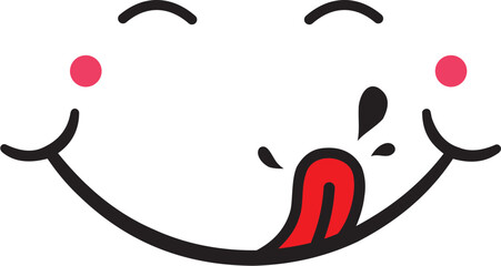 Yummy icon. Face after tasty food. Logo of smile, hungry mouth and pleasure. Funny emoji after delicious eat. Cook with taste. Licking tongue of gourmet. Cartoon illustration in line style. Vector.