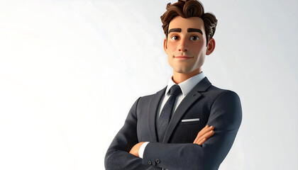 3D Animated Businessman in Suit with Arms Crossed, Professional and Confident Pose