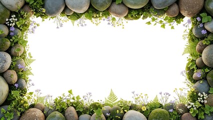 A serene garden scene featuring a stone and floral border surrounding a bright white background