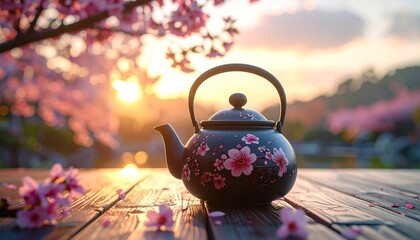 A close-up image of vibrant pink flowers and fresh green tea in a white teacup with a saucer, placed on a table