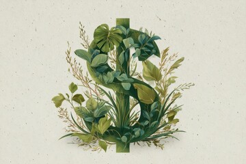 Eco-friendly money symbol formed by leaves and vines in a lush green illustration