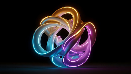 A vibrant and abstract rendering of intertwined luminous ribbons in shades of gold cyan and magenta on black