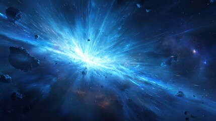 Electric blue space impact scene with radiant core and motion streaks