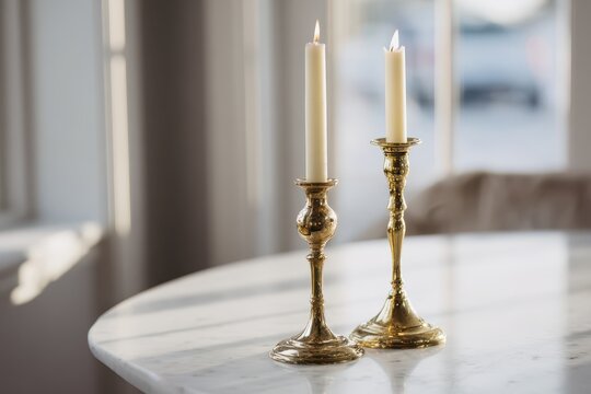Elegant brass candlesticks with burning candles on a white marble table, softly lit by natural daylight