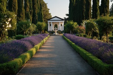 Elegant Italian garden pathway ending at a white neoclassical pavilion