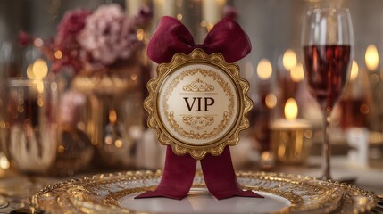 Elegant silent auction invitation with a 3D badge design for charity fundraiser, gold accents and burgundy ribbon