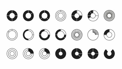 Set of 30 Hand-Drawn Style Pie Chart Icons with Different Segments and Fill Patterns
