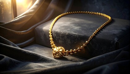 A beautiful golden necklace resting on a dark textured surface, illuminated by soft light