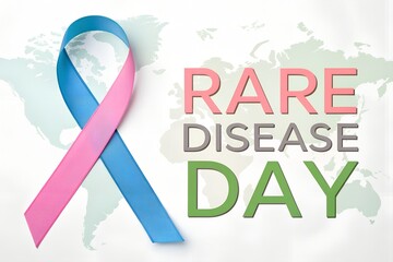 A bright pink and blue awareness ribbon rests prominently beside bold colorful text announcing rare disease day across a faint global map backdrop symbolizing worldwide support and recognition for pat