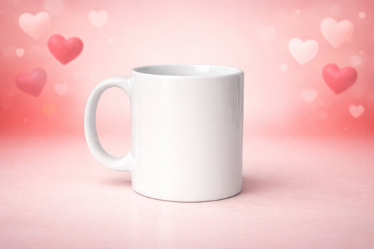 Minimal white coffee mug mockup on soft pink valentines background