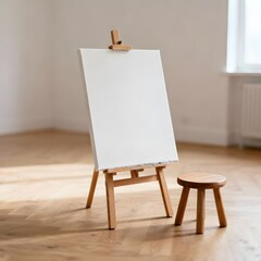 빈방에 놓인 작은 나무의자와 이젤 빈 캔버스a small wooden chair and an easel canvas in an empty room