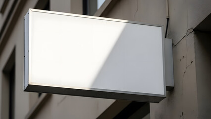 Empty white illuminated rectangular sign mockup on building facade. Blank shop signboard with copy space for logo or text.