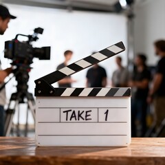 촬영현장 카메라 배우 스태프와 슬레이트 테이크원Camera actor staff and slate take-one