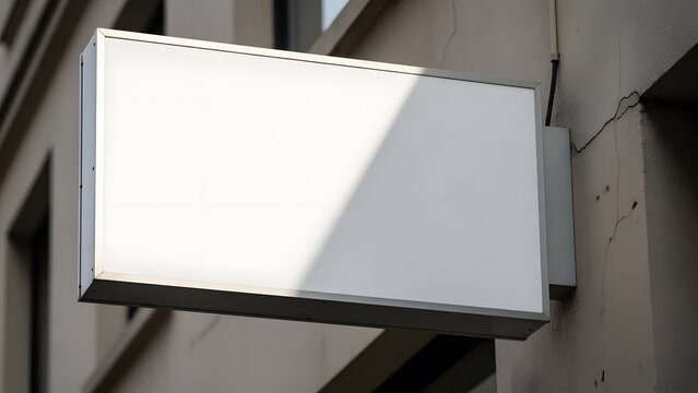 Empty white illuminated rectangular sign mockup on building facade. Blank shop signboard with copy space for logo or text.