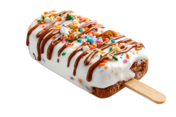 Chocolate Drizzled Vanilla Ice Cream Bar With Colorful Sprinkles On Wooden Stick icecream dessert