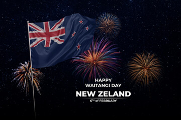 National flags of New Zeland in night sky with stars and fireworks