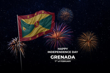 National flags of Grenada in night sky with stars and fireworks