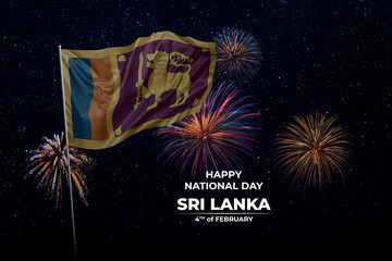 National flags of Sri Lanka in night sky with stars and fireworks
