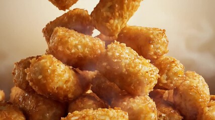 National Tater Day background with crispy tater tots tumbling on warm golden brown gradient