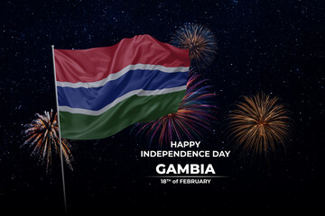 National flags of Gambia in night sky with stars and fireworks