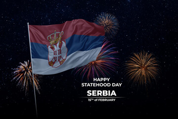 National flags of Serbia in night sky with stars and fireworks