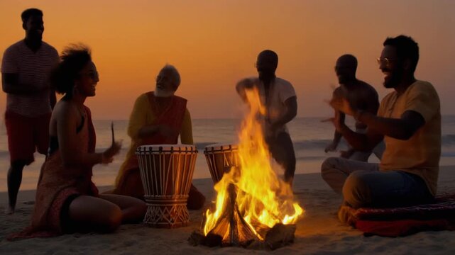 People gather around a campfire on a beach at sunset playing drums and dancing