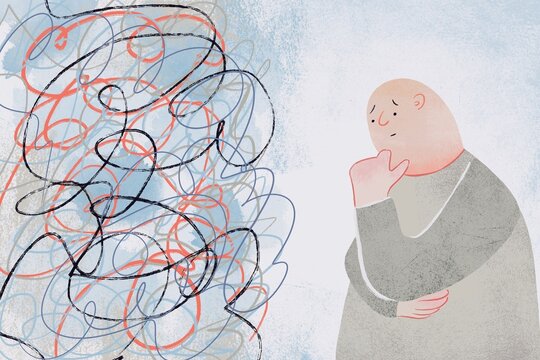 Man Facing Tangled Problem Lines