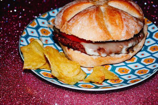 a plate with a cheese burger in a vienna roll over a sparkling surface