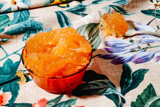 Spanish cabello de angel served on a patterned fabric