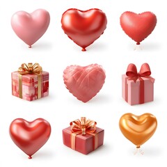 Set of elements for Valentine's Day. Volumetric gift boxes and hearts isolated on white background