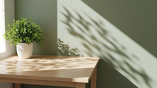 Green potted plant casting leaf shadows onto a wooden surface and sage wall