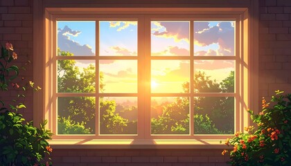 Fototapeta premium A serene sunset view framed by a window, highlighting vibrant nature and soft cloud patterns
