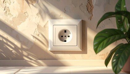 A well-lit electrical outlet mounted on a textured wall, illuminated by soft shadows