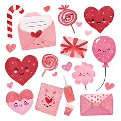 Set of gift boxes, letters, lollipops for Valentine's Day, isolated on a white background.