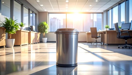 A modern office interior featuring a stainless steel trash bin under sunlight with potted plants