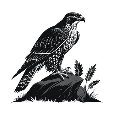 Majestic hawk perched on rock with grass and plants around