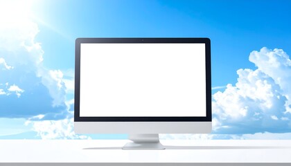 Fototapeta premium A computer monitor sits on a table against a bright blue sky filled with fluffy clouds