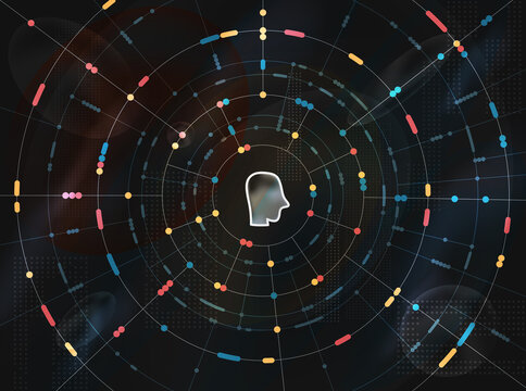 Human head with data circles and analytic grid