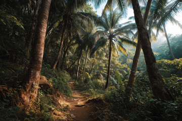Naklejka premium Narrow forest path winding through dense tropical vegetation with soft sunlight filtering through tall trees. Peaceful nature trail scene evoking exploration, serenity, and connection with the natural