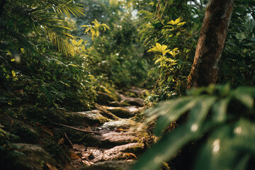 Obraz premium Narrow forest path winding through dense tropical vegetation with soft sunlight filtering through tall trees. Peaceful nature trail scene evoking exploration, serenity, and connection with the natural