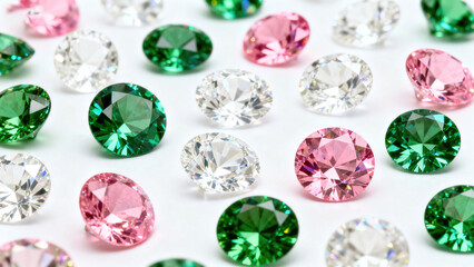 Fototapeta premium Still Life Close-up of Colorful Gemstones: Bright Luster of Green, Pink and White