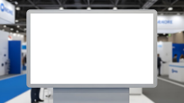 Blank digital advertising screen at trade show, empty white billboard for marketing content in blurred exhibition hall environment
