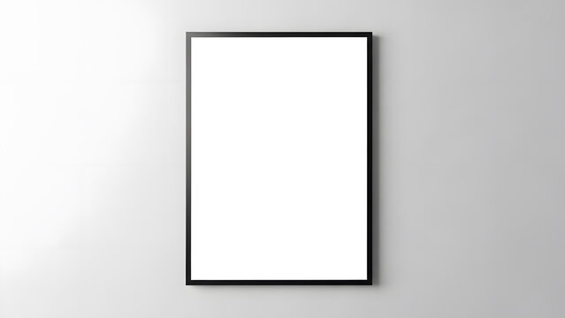 Empty black picture frame mockup on clean white wall, vertical, minimalist interior design element with copy space