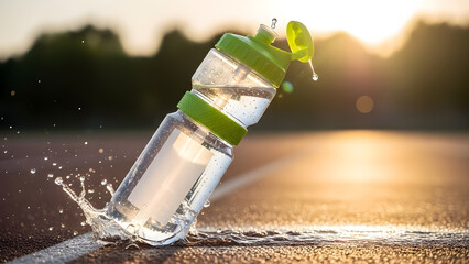 Clear plastic sports water bottle splashing on an athletic track at golden hour, dynamic hydration for active lifestyle