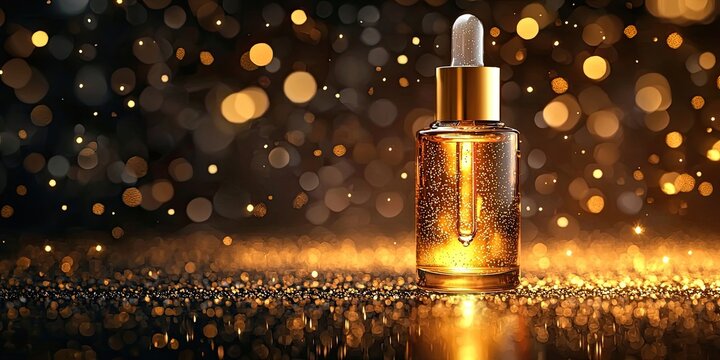 Glass dropper bottle filled with amber serum surrounded by floating golden particles against dark bokeh background. Generative by AI.