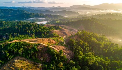 Aerial view of lush rolling hills and dense forests under a vibrant sky during sunrise