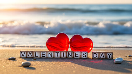 Fototapeta premium Romantic Valentine's Day scene with heart ornaments on beach