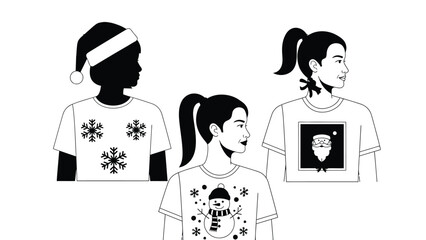 Three people wearing festive Christmas t-shirts and a Santa hat on a gray background