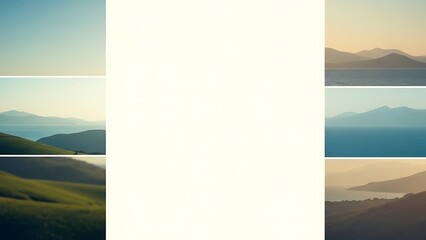 Serene landscape with rolling hills and distant mountains at dusk, captured in a collage of photos, showcasing natural beauty and tranquility, referencing anomali